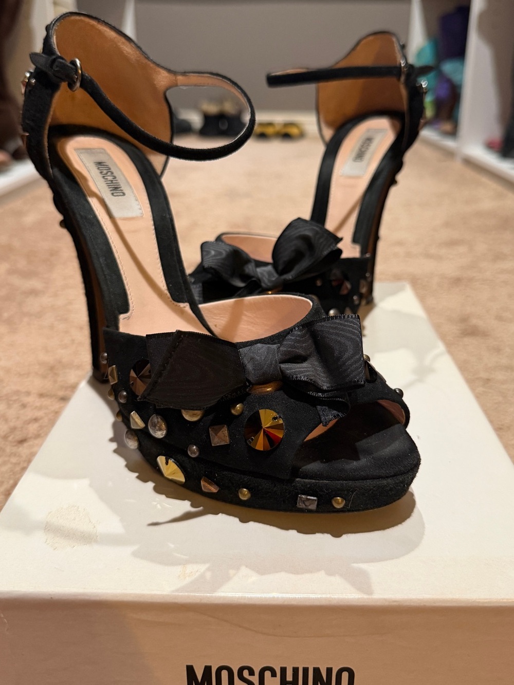Moschino Black Studded Bow Ankle-Strap Platform Heels